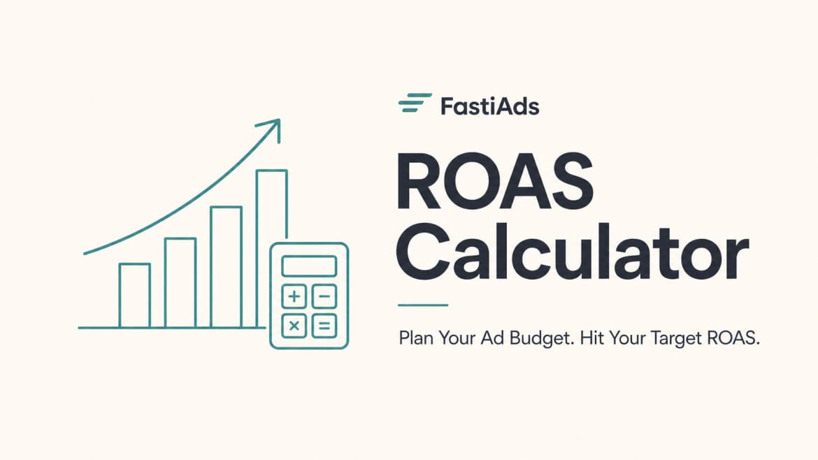 ROAS Calculator and Budget Planner interface showing ad spend, revenue, ROAS result, ROI, break-even ROAS and net profit fields