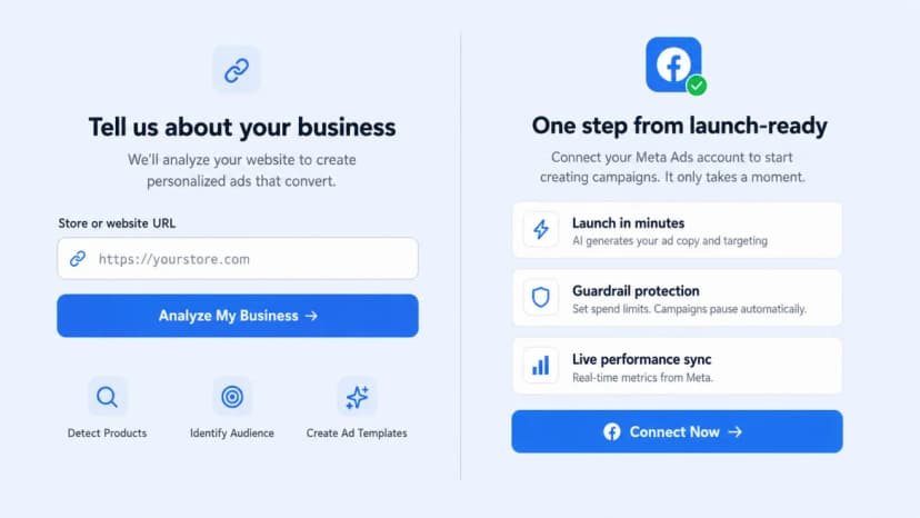 FastiAds AI scanning a Shopify store URL to draft ad copy and audience targeting
