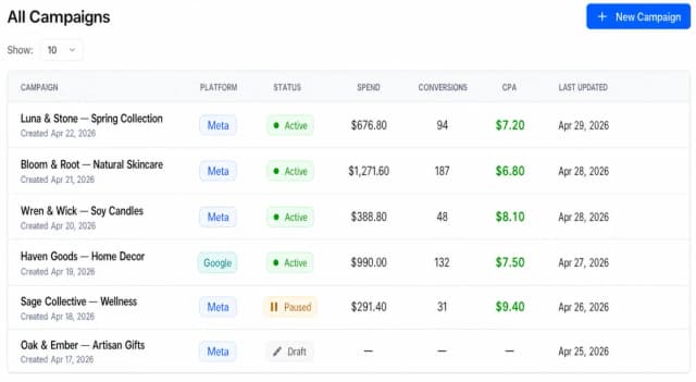 FastiAds dashboard showing Meta Advantage+ and Google Performance Max campaigns