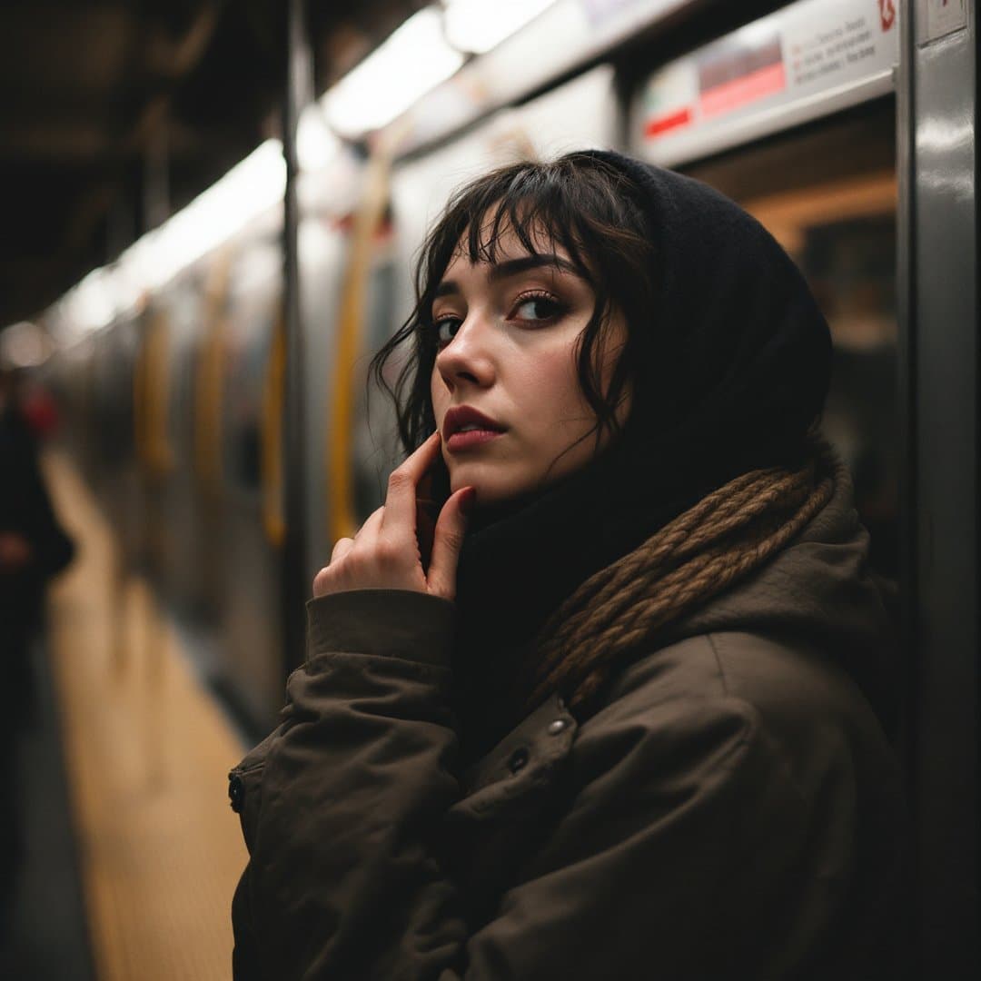 AI-generated Meta ad creative for fashion brand — editorial lifestyle portrait of woman in dark coat and beanie leaning against subway train, cinematic film-noir style, created with FastiAds and Higgsfield AI