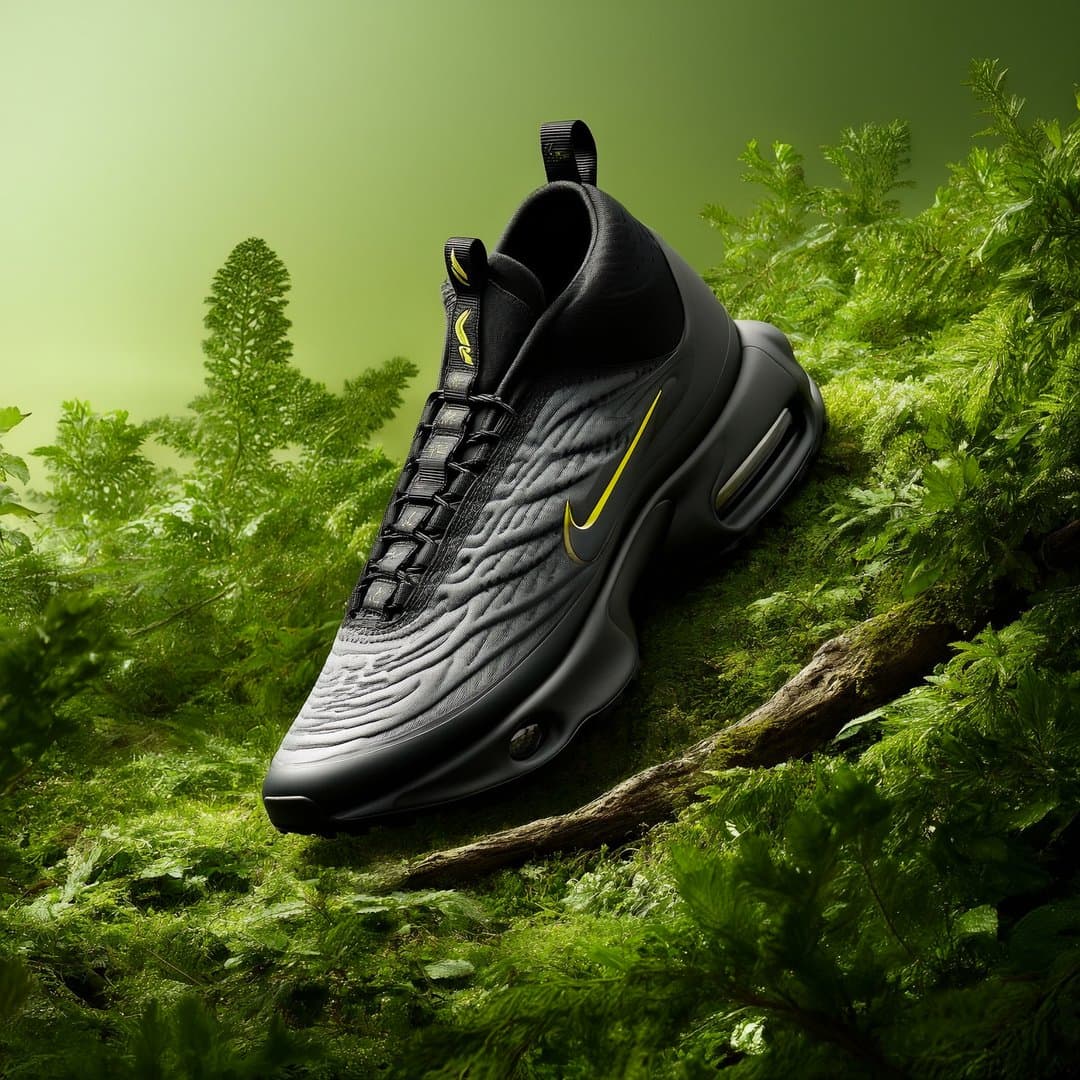 AI-generated outdoor product shot for sneaker brand Meta ad — black Nike shoe with yellow swoosh on mossy forest rocks against lush green nature backdrop, created by FastiAds AI creative generator