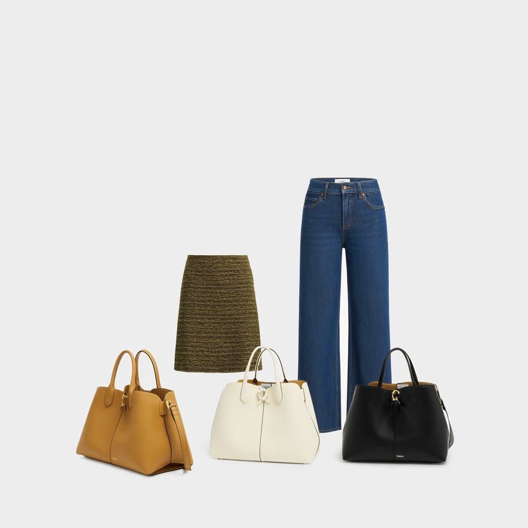AI-generated e-commerce product shot for Meta ads — wide-leg jeans, tweed skirt, and three leather handbags on clean studio background, created by FastiAds AI creative studio