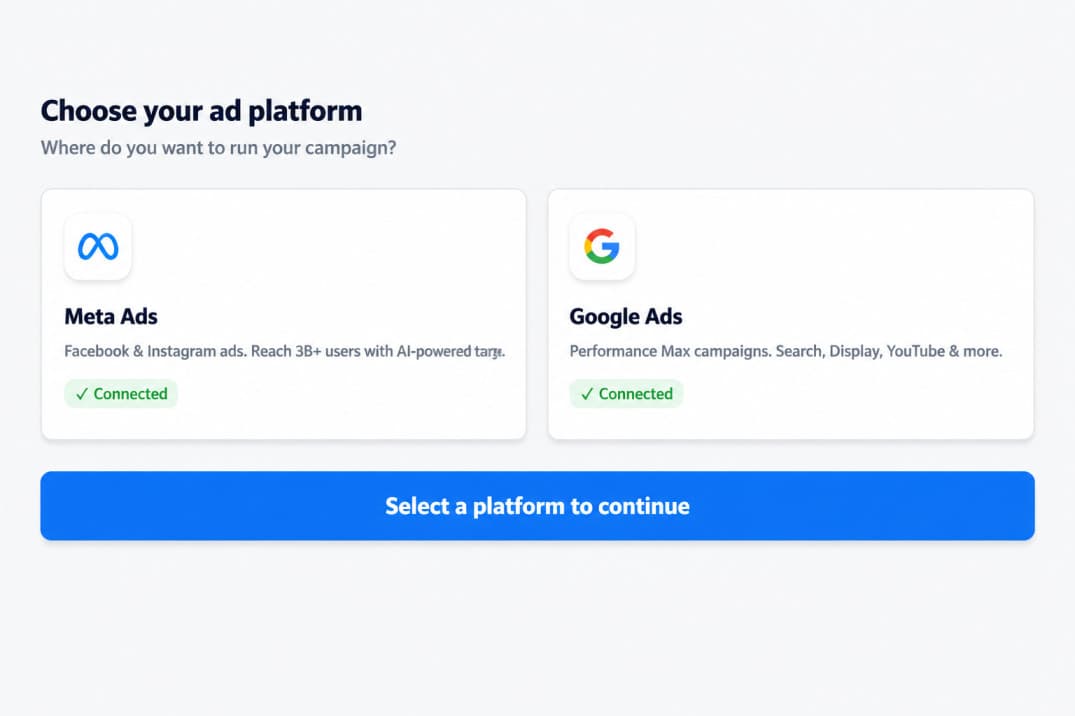 FastiAds one-click connection screen linking Meta and Google ad accounts alongside a Shopify store URL
