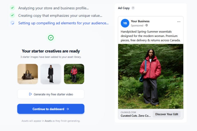 FastiAds AI creative studio — onboarding screen showing three AI-generated ad creatives ready to launch alongside a live Meta ad preview with AI-written copy for a fashion brand