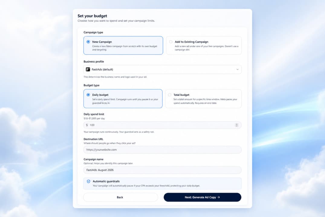 FastiAds onboarding screen showing three plain questions: your store URL, your daily budget, and your target CPA